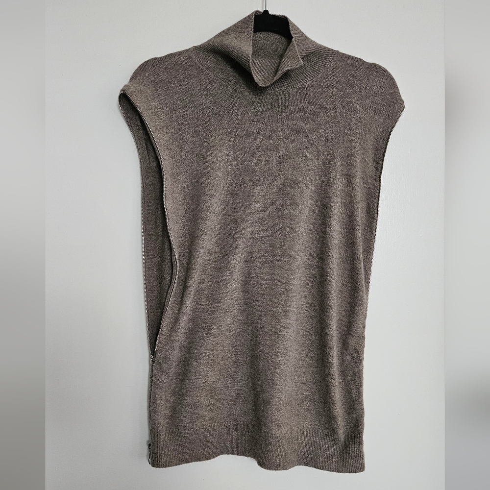 Neiman Marcus Cashmere S Brown Side Zippers Turtleneck Notched Collar Sl…